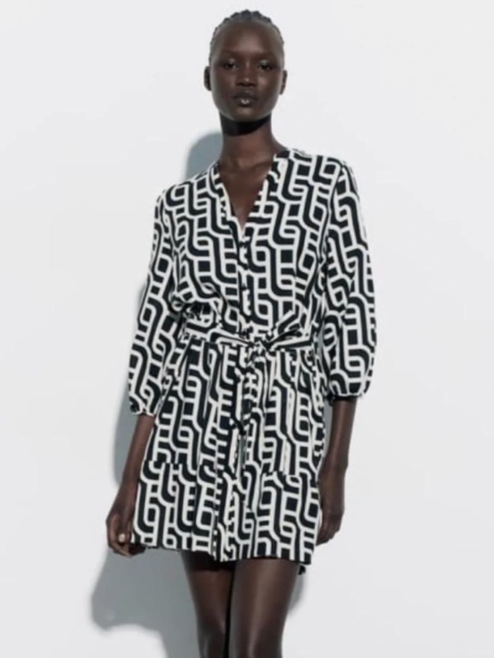 Zara Geometric Black & White Button-Front Tunic Dress Size M